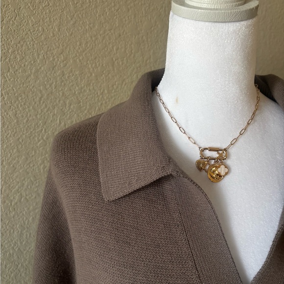 CALIA by Carrie Underwood Brown V-Neck Collared Knit Pullover - Picture 2 of 5